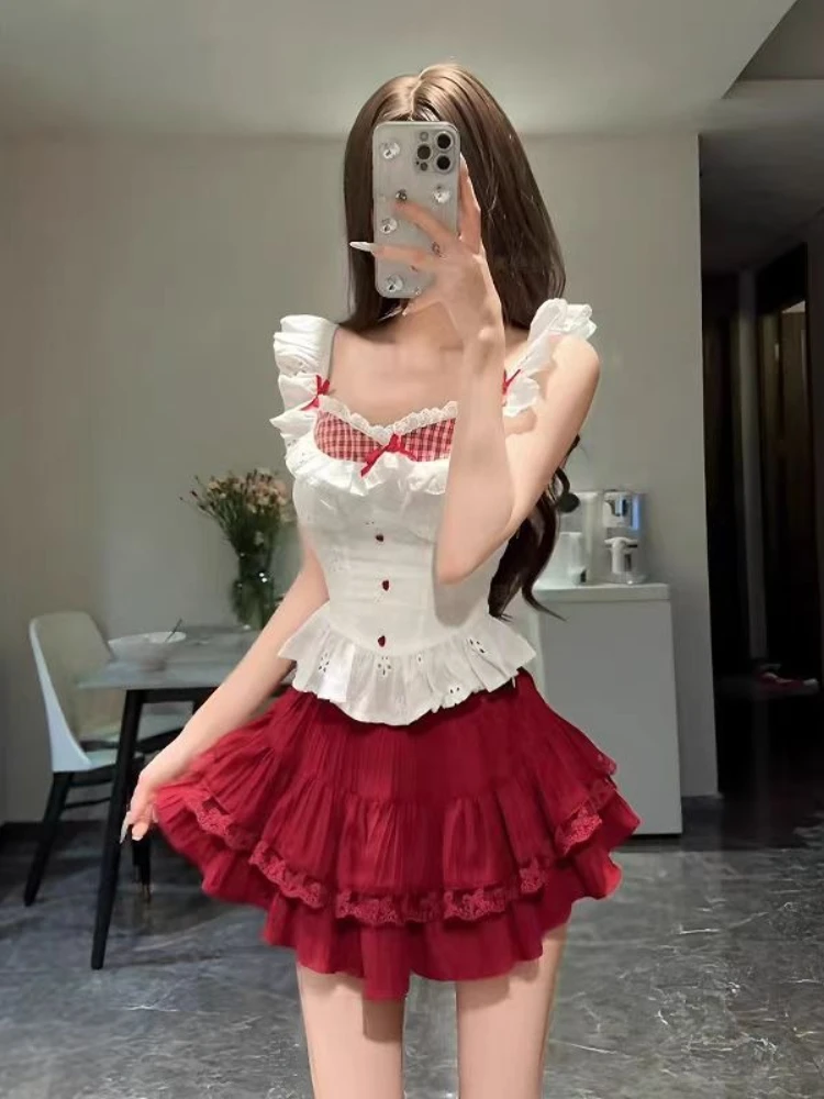 

Summer New Hot Girl Slim 2-piece Set Women France Sweet Bow Lace Tops Female + Design High-waist Red Ruffle Short Skirt Outfits