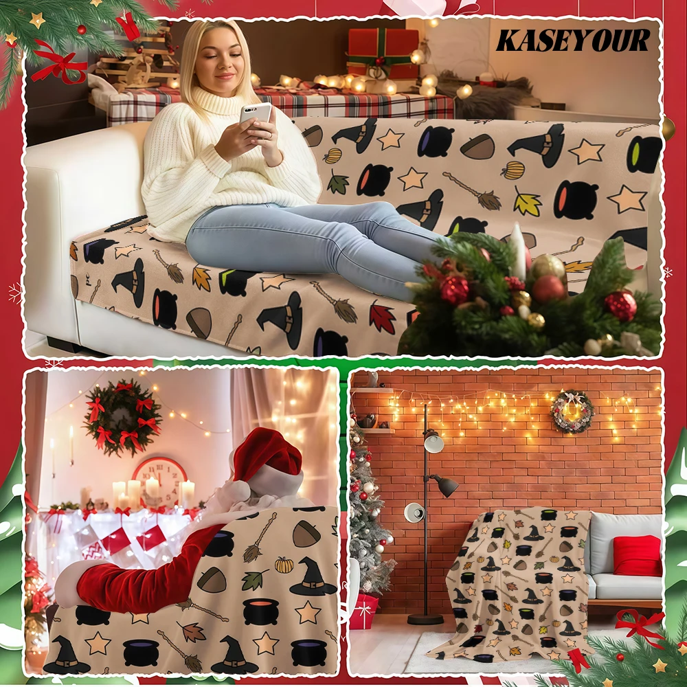 Halloween Witch Hat Cauldron Broom Flannel Blanket Soft Fuzzy Plush Cozy Warm Throw for Sofa Bed Couch Home Decor