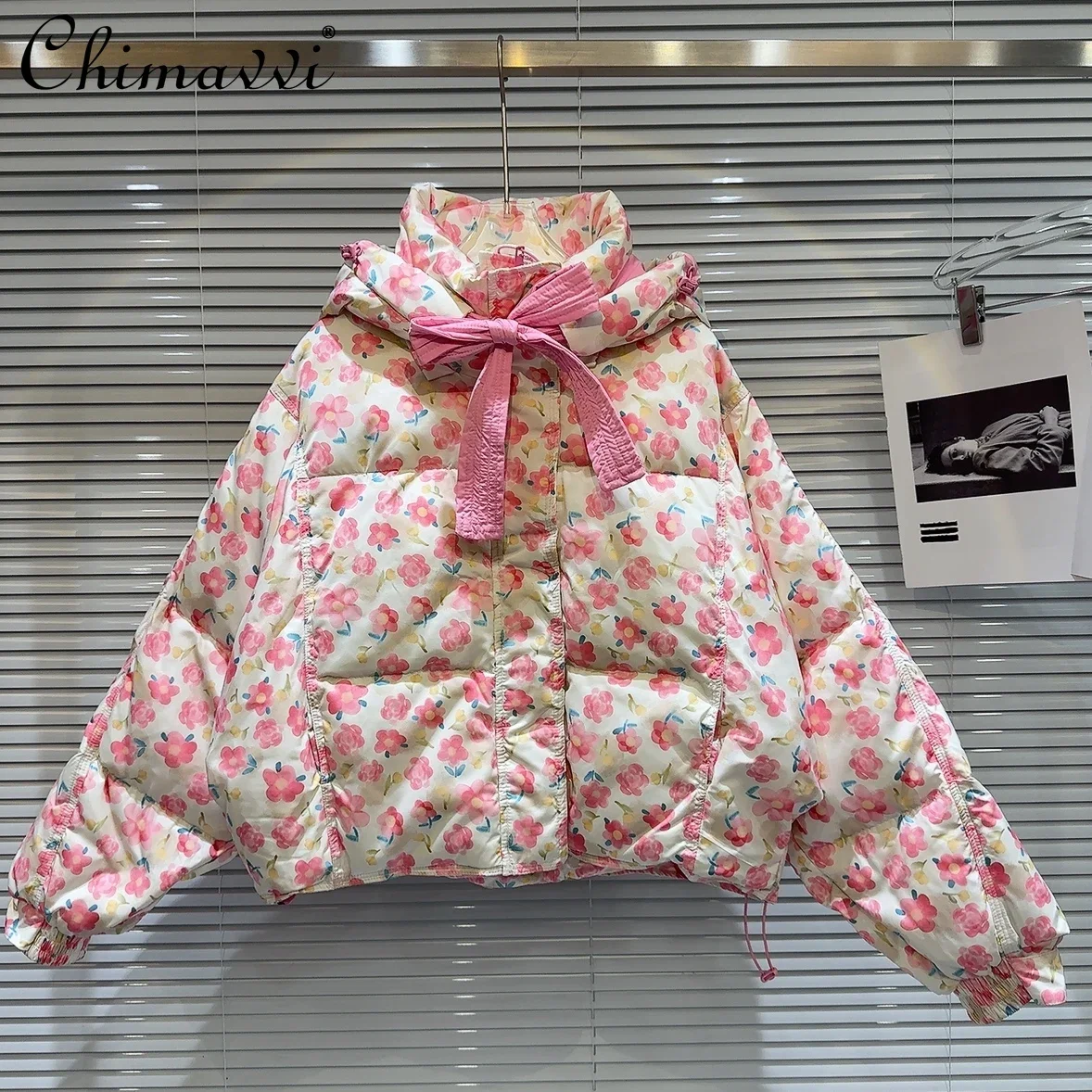 2024 Winter Clothes New Sweet Hand-painted Flower Cartoon Pattern Hooded Down Jacket Girls Women Loose Warm Temperament Coat