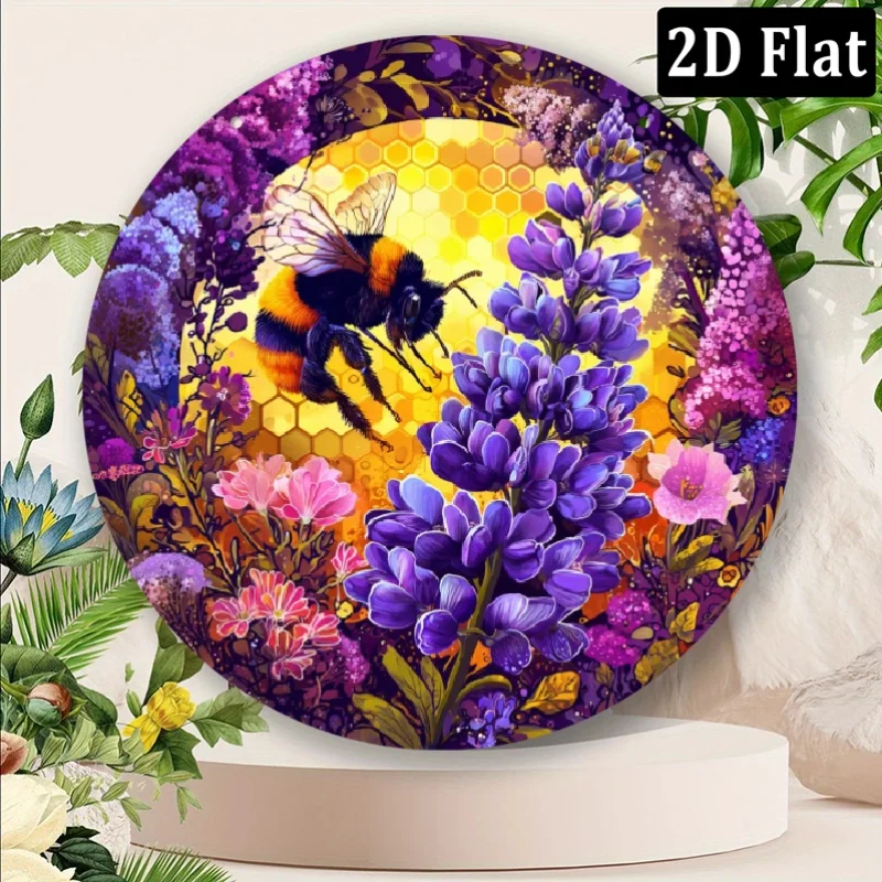 Metal Bee Flower Wall Art, 8x8 Inch Rustproof Aluminum Round Sign, Bumblebee Lavender Floral for Home Hanging