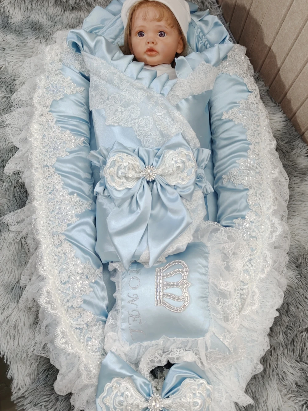 Awal Set Selimut Bantal Kursi Bayi Lembut Sutra 0-1 Tahun Tempat Tidur Bayi Renda Perancis Perlengkapan Bayi Baru Lahir Kursi Sarang Bayi