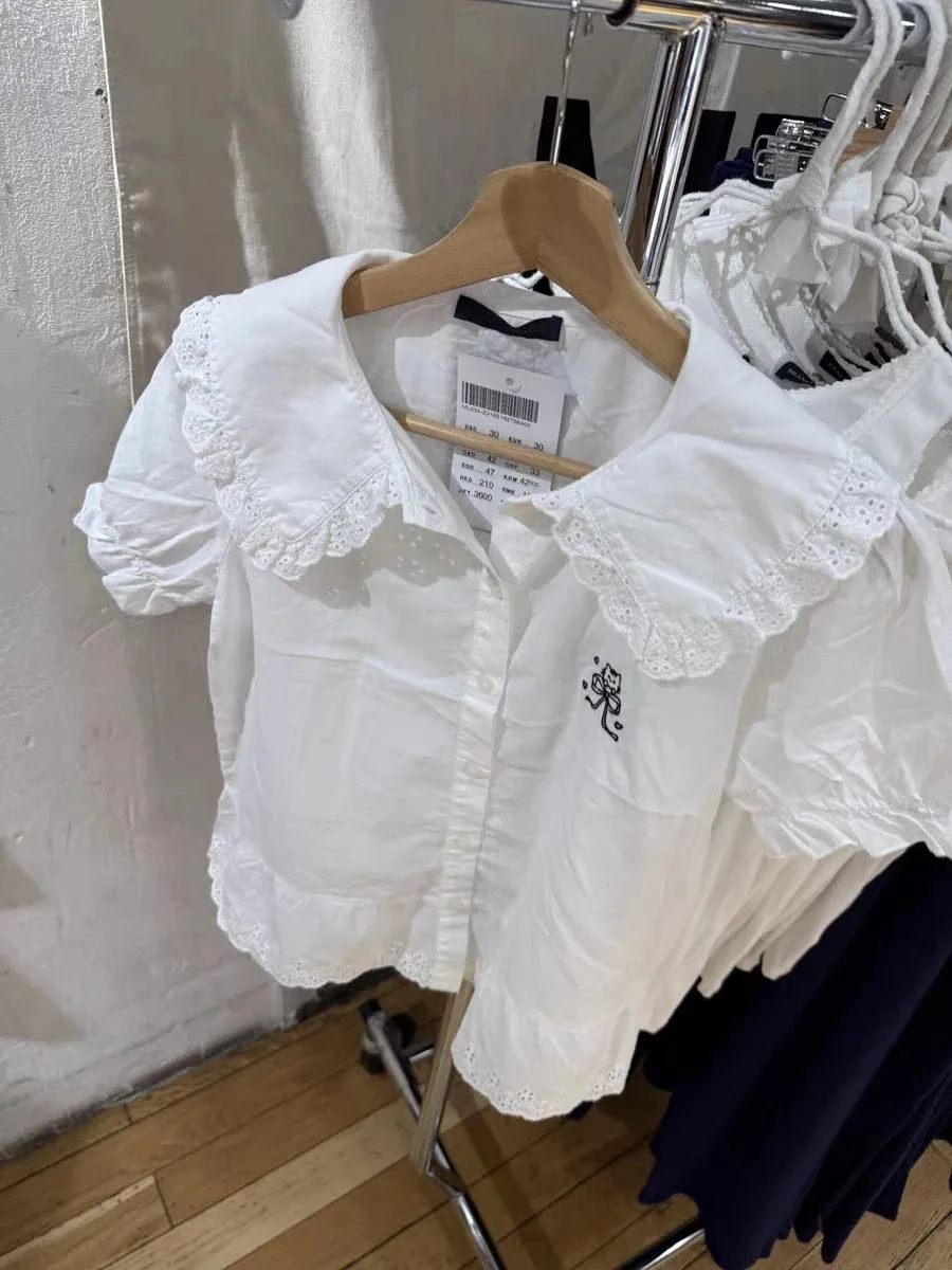 

Lace Trim Cat Embroidery T-shirt Blouse Women Casual Pan Collar Single Breasted Short Sleeve Tee Sweet Cute Preppy Style T-shirt