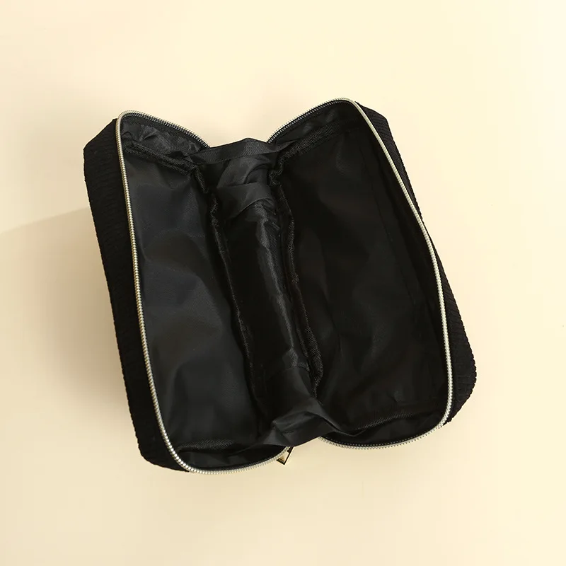 Bolsa de cosméticos a rayas de pana para mujer, bolsa de maquillaje de Color sólido, bolsa de almacenamiento de artículos de tocador portátil de viaje, bolso organizador Simple