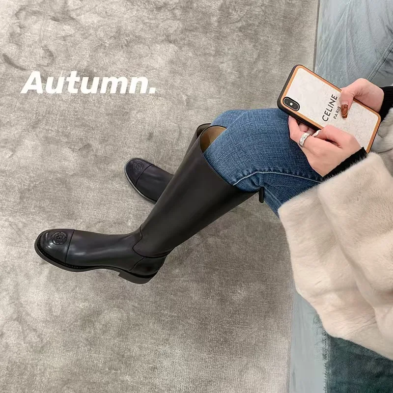 Women's Long Tea Rose Embroidered Leather Boots Slim High-Rise Knee-Length Riding Boots Rubber Sole Comfortable Cushioning