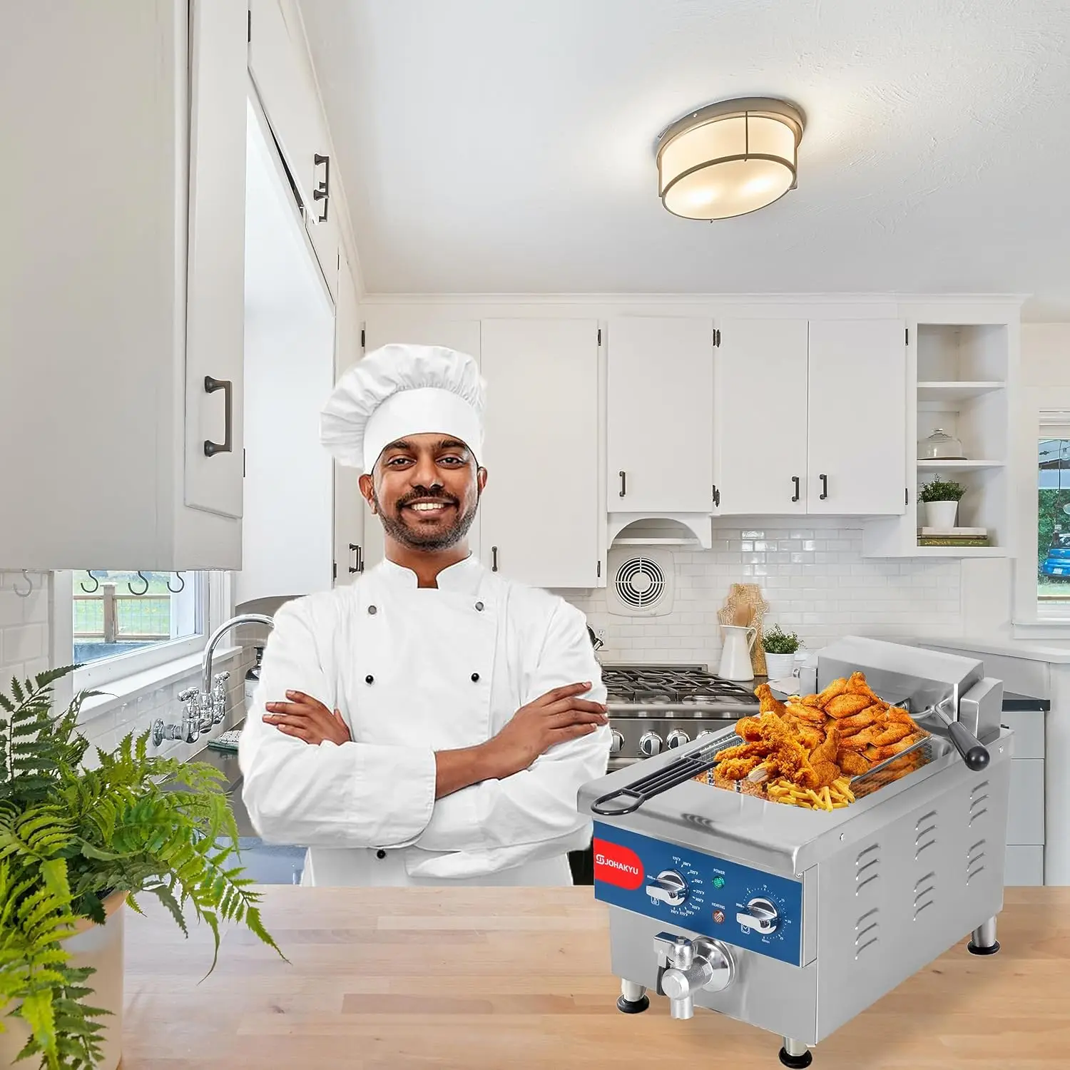 Freidora comercial de 6L con cesta, freidora eléctrica con temporizador, drenaje, cabezal de freidora oscilante, encimera eléctrica de 120v 1800w