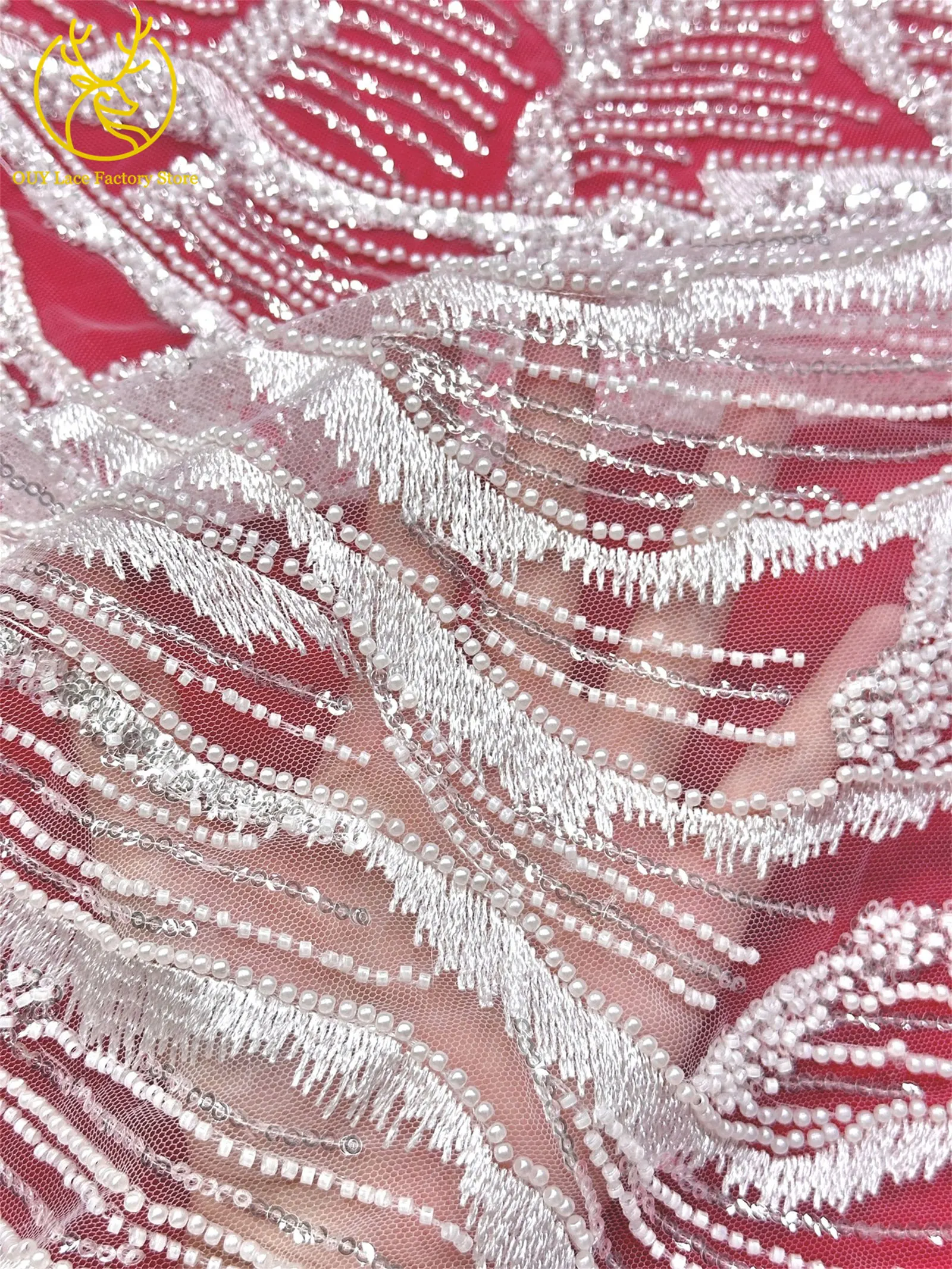 Afrikanischer Brautkleid-Spitzenstoff mit Stickerei und Perlen, französischer Netzspitzenstoff, nigerianischer Tüllspitzenstoff für Hochzeitskleider und Partykleider zum Nähen – Detail 13