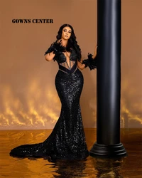 Black Sequin Feathers Mesh Long Sleeves Evening Dress Mermaid Aso Ebi Women Formal Party Dress For A Wedding Africa Customized