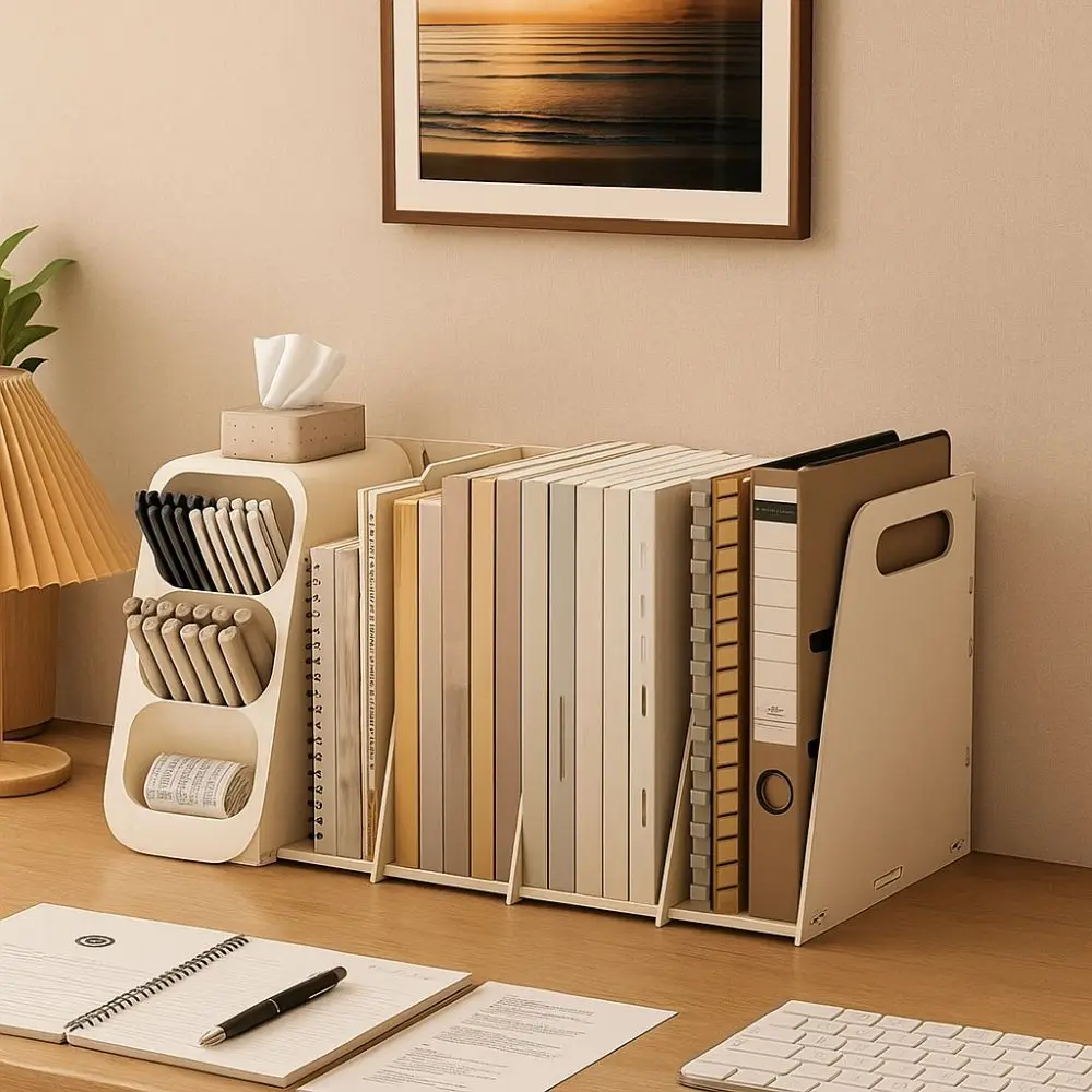 

Foldable Student Book Shelf Large Capacity Multi Compartments Desktop Storage Box with Handle Multifunctional Book Stand