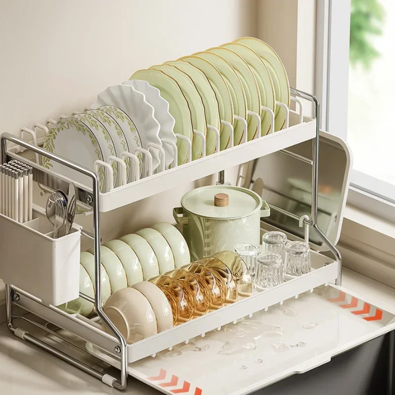 Kitchen Rust-Proof Dish Drying Rack Desktop Dishes Bowls Plate Cutlery Pot Lid Rack Organizer 2-Tier Compact Kitchen Dish Shelf