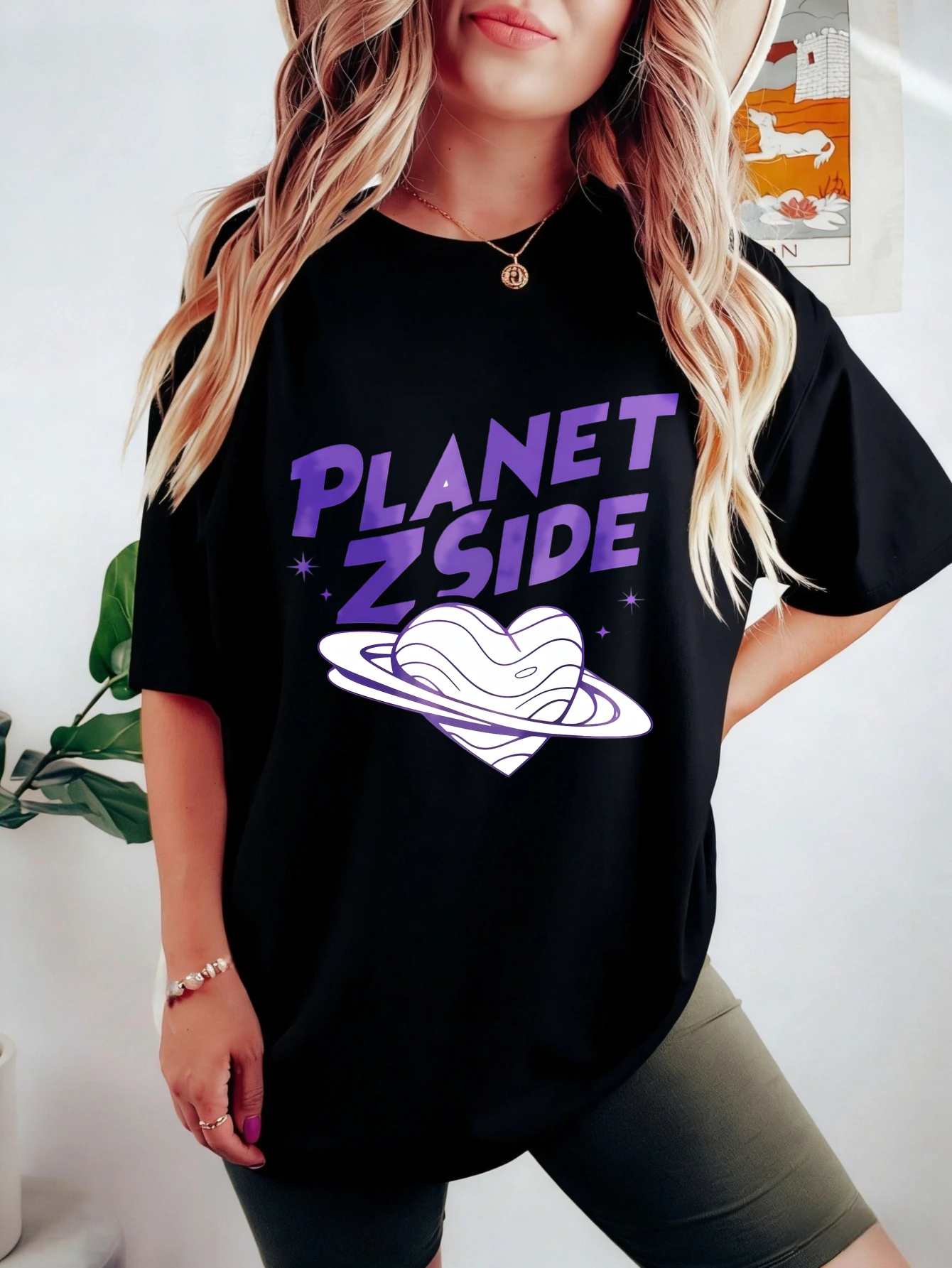 

Womens Cotton Oversized Streetwear Graphic T Shirt with Planet Z Side Print - Summer Casual Short Sleeve Tshirt for Women