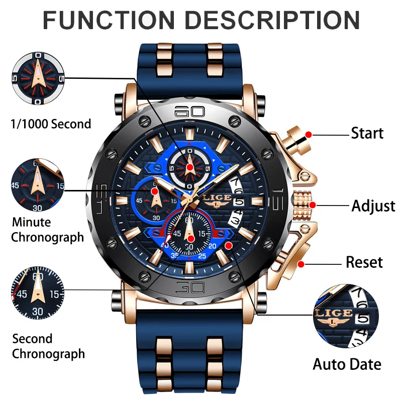 LIGE Mens Watches Analog Chronograph Quartz Wristwatch Business Large Dial Watch Man Sport Waterproof Luminous Relogio Masculino