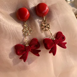 Christmas Red Bow Drop Earring For Women Exquisite Temperament Bowknot Snowflake Long Earrings New Year Party Jewelry Gift