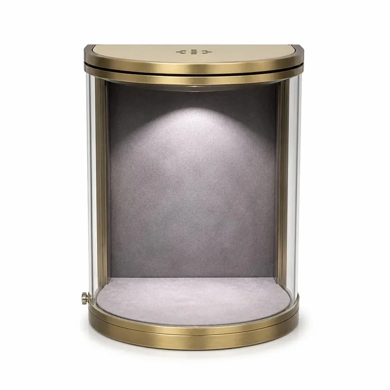 custom.Premium Brushed Circular Glass Jewelry Showcase Cabinet with Velvet Illuminated Lockable Hanging Display