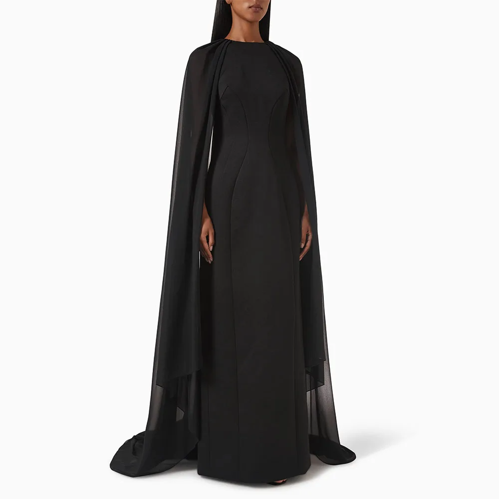 Elegant Formal Party Dress Black O Neck Cloak Sleeves Column Evening Gowns for Women 2025 Court Train Modern Evening Dresses