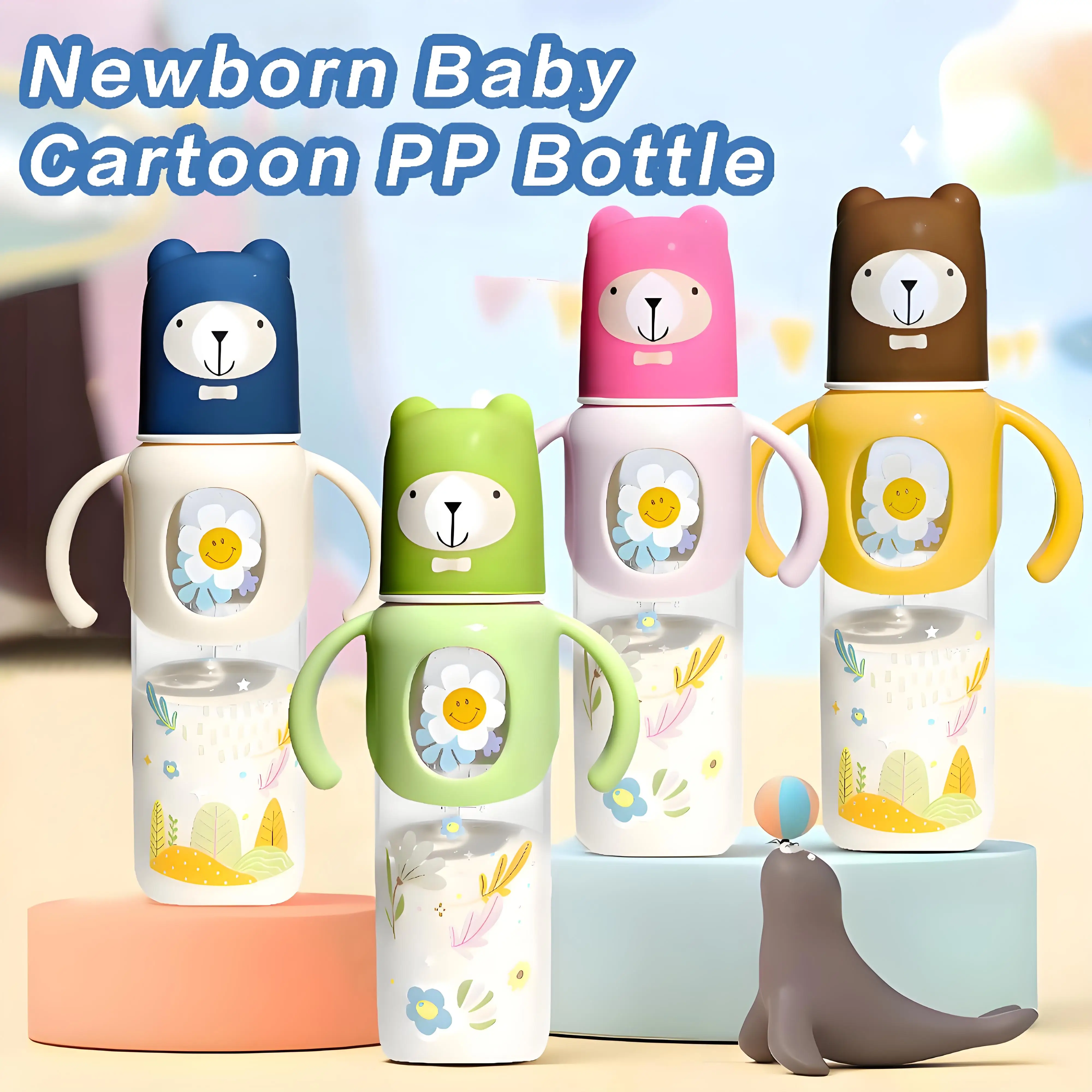

1pcs baby bottle standard caliber silicone mouth baby cartoon with handle newborn drinking water anti-fall pp bottle