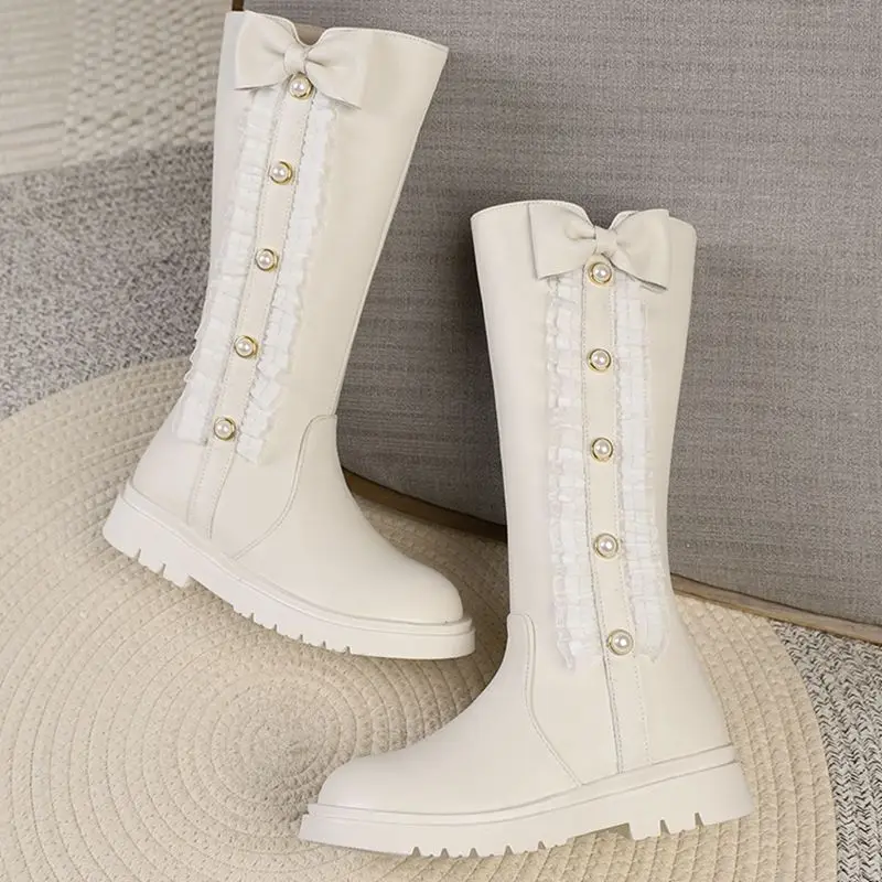 أحذية SIMLOVEYO النسائية الجديدة لمنتصف العجل فارس بمقدمة مستديرة وعقدة على شكل فراشة مقاس صغير 31 32 33 شتاء جانبي