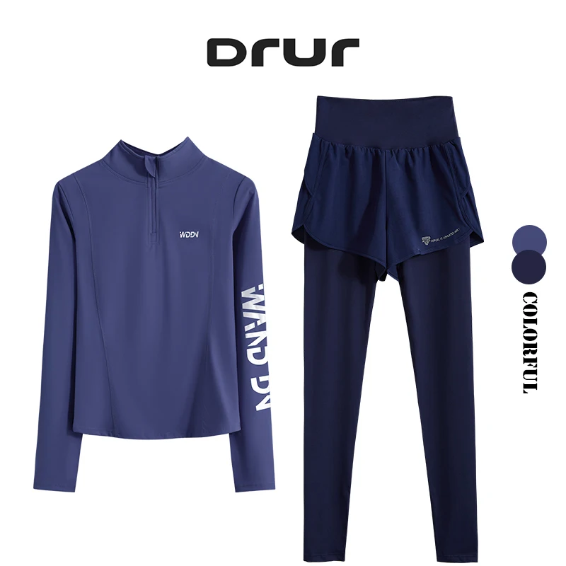 DRUR Yoga Pant Set Long Sleeve Sport Shirt Legging Sets Gym Clothes Women Workout Suit Sportswear Running Fitness Sports Outfit