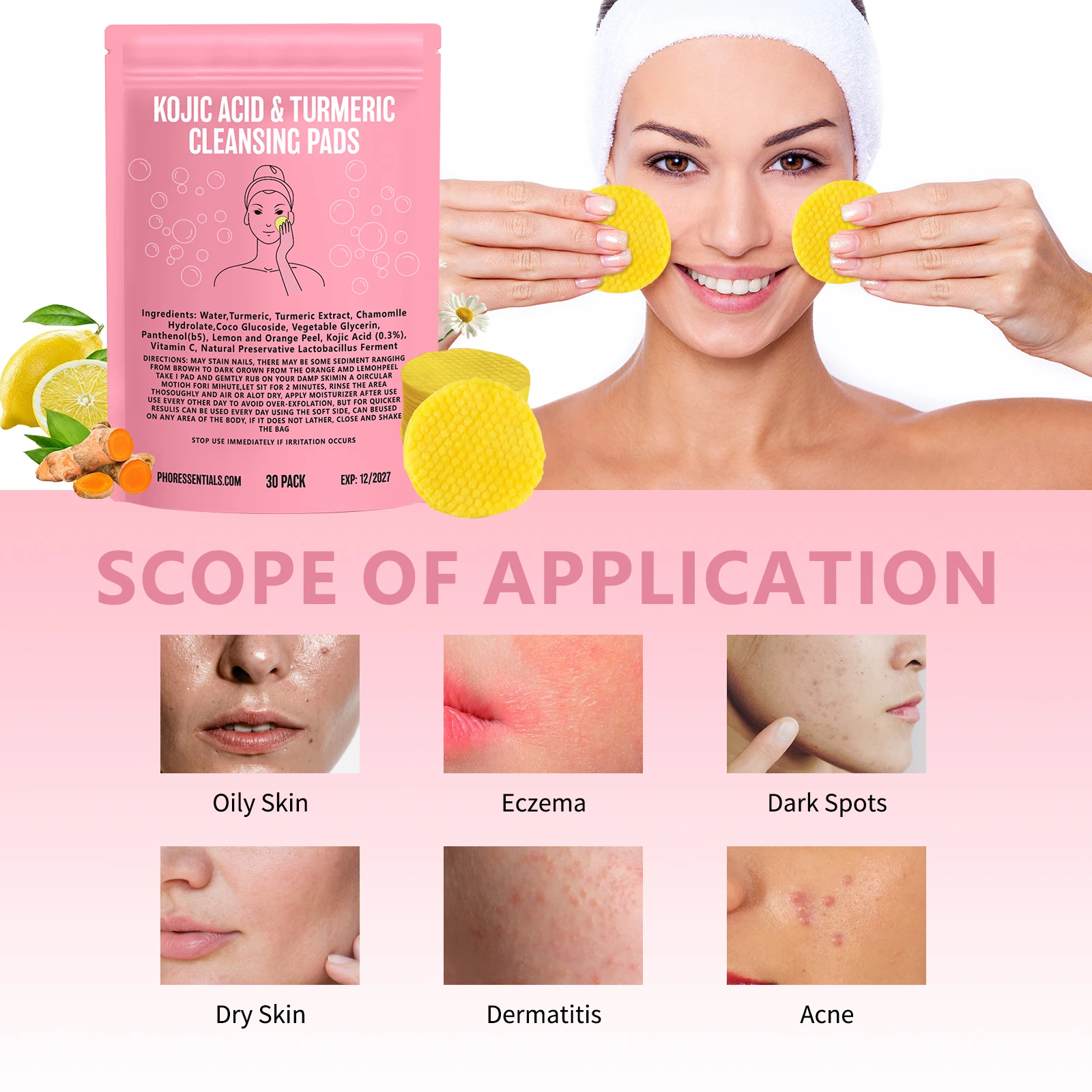 

30Pcs Turmeric Kojic Acid Brightening Cleansing Pads Gentle Exfoliation Fades Dark Spots for All Skin Types Cleansing Pads