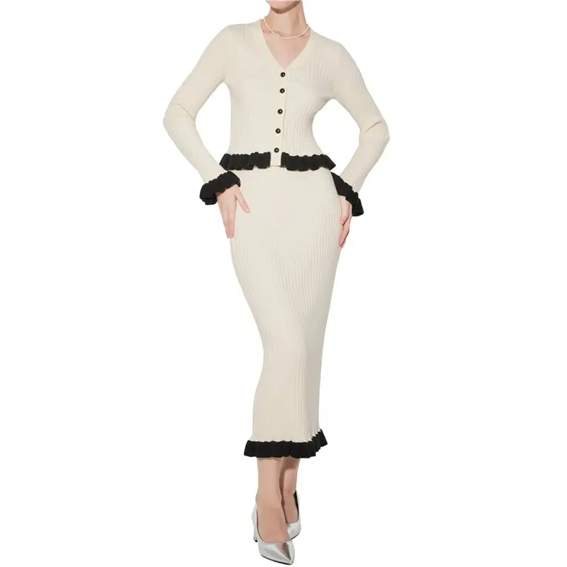 

CYL-2 Piece Sweater Skirt Sets For Women Fall Winter Knit Long Skirt And Cardigan Sweater Set Travel Outfits Winter Clothes