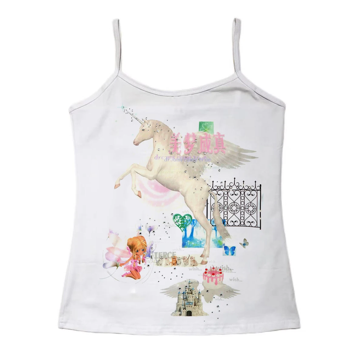 Fairy Unicorn Castle Collage Weste Damen Coquette Aesthetic Wing Pegasus Print Kurzarm T-Shirt Sommer Niedliche Damen Grafik