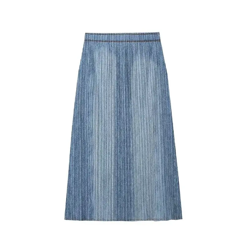 Autumn 2024 Women's Mid-Waist Versatile Commute Faux Denim Pleated Midi Skirt Faionable All-Match Medium-Length f Skirt