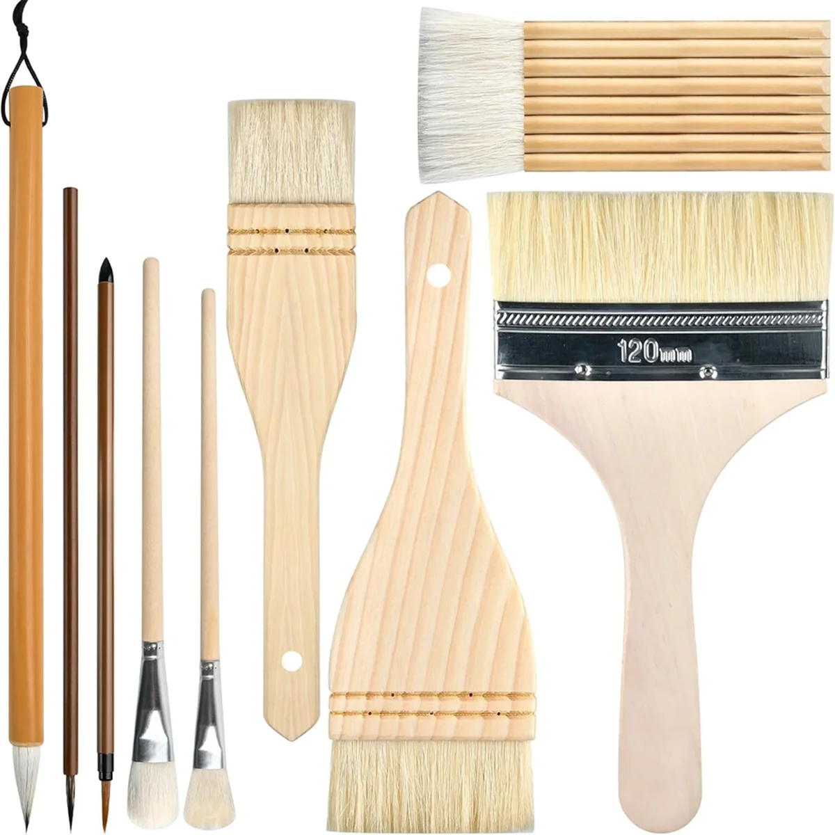 9 Piece Pottery Glaze Brush Set, Wooden Long Handle Glaze Brushes of Different Shapes, Suitable for Pottery