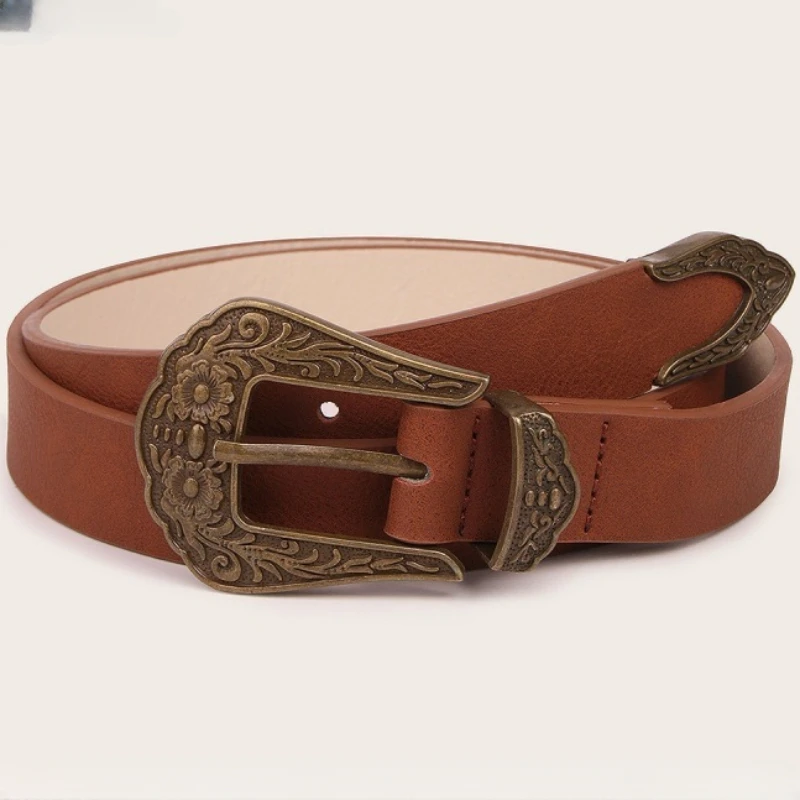 

New Women's Belt Antique Copper Three Piece Set with Vintage Brown Western Style PU Women's Belt Fashion Versatile Women's Belt