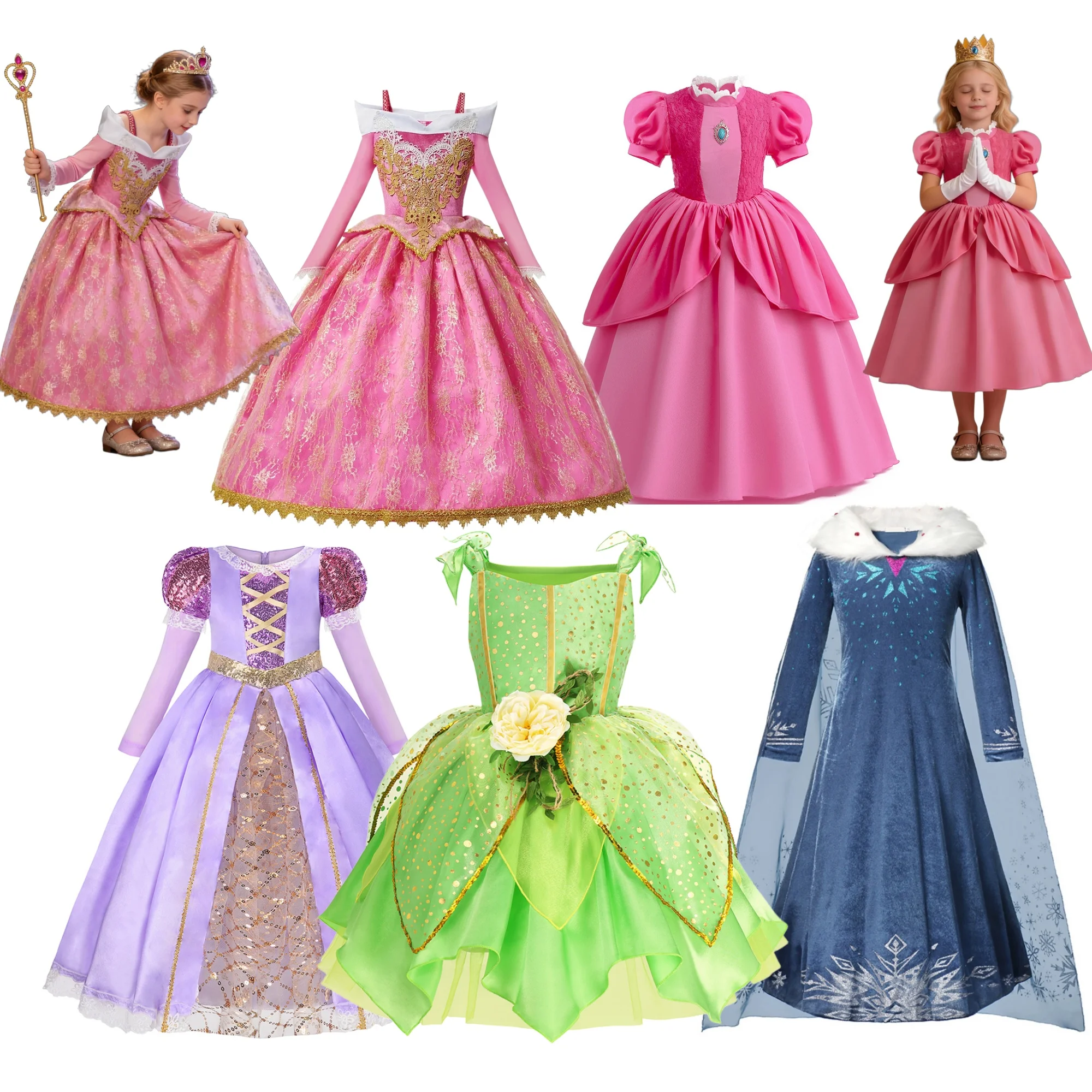 

2026 Girls Princess Dress Cosplay Aurora Costume Party Prom Gown Children Clothing Sleeping Beauty Tinkerbell Fairy Dress Up