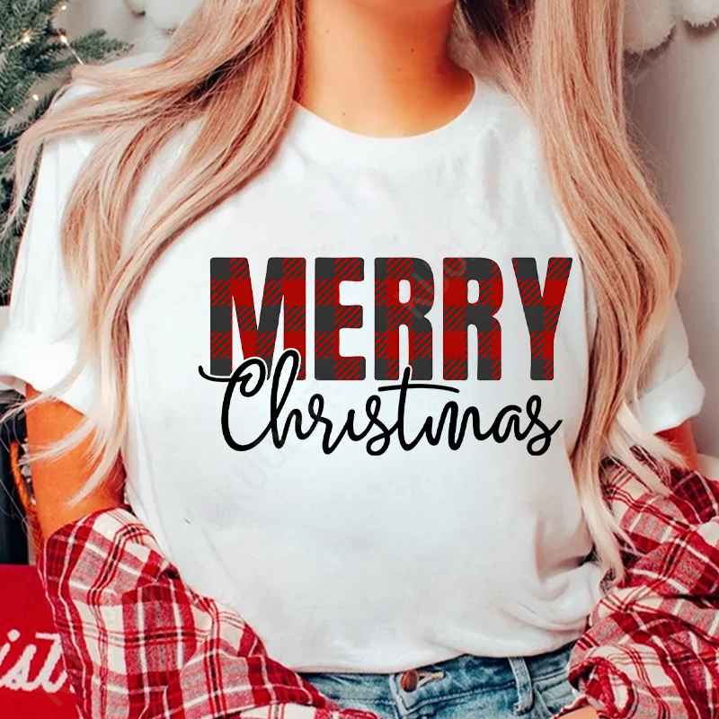 Plaid Christmas Design Shirts for Women Men Clothing Holiday Family Group T-shirts Santa Tshirts Happy New Year Christmas Tops