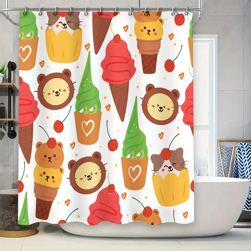 

Очаровательные животные, мороженое, набор занавесок для душа для декора ванной комнаты, тканевые занавески для душа с мультяшным принтом и кольцами в комплекте