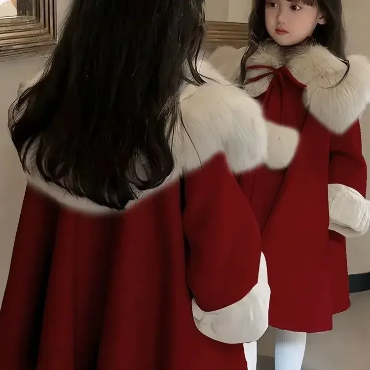 Winter Warm Long Jackets Red Coats Cute Girls Baby Thick Kids Artificial Fur Lapel Outerwear Children Coat Christmas Jacket