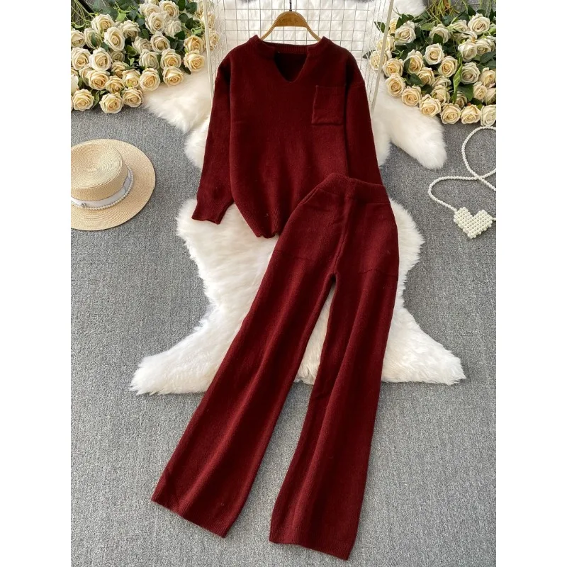 

Осень-зима ленивый повседневный свободный вязаный свитер с v-образным вырезом и длинными рукавами, топы с высокой талией, утягивающие прямые брюки, женский комплект из двух предметов