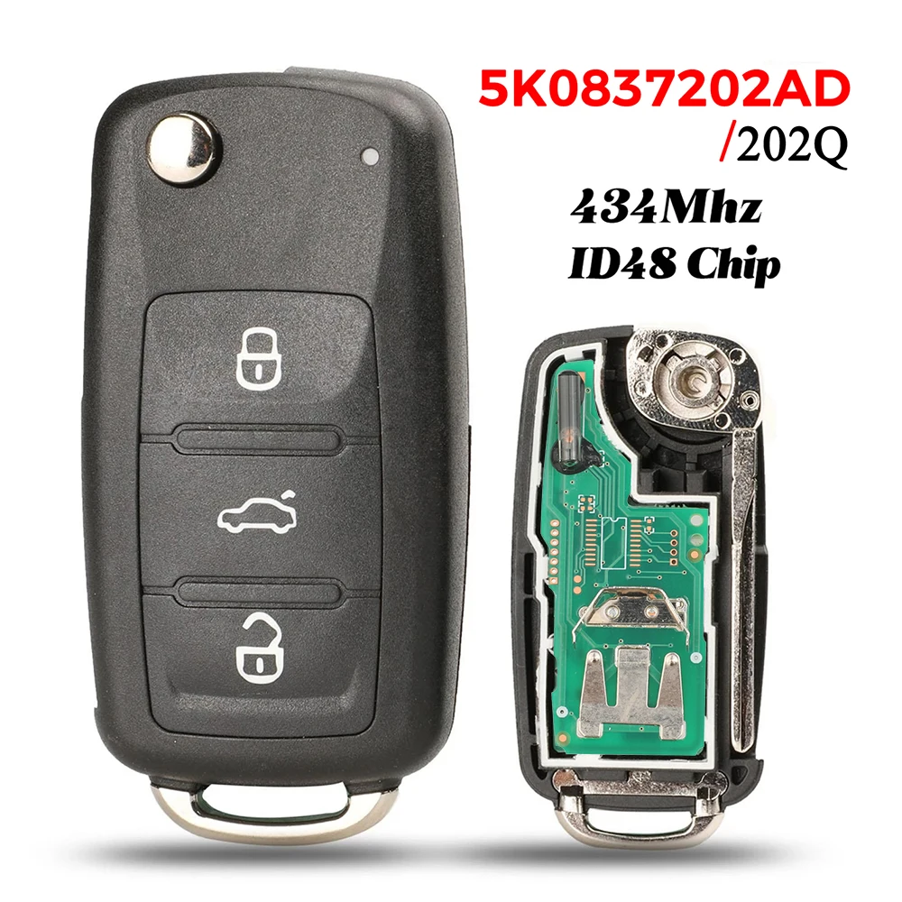jingyuqin 5K0837202AD/202Q Flip Remote Car Key 434Mhz for VW VOLKSWAGEN Caddy Eos Golf Jetta Polo Scirocco Tiguan ID48 Chip fob