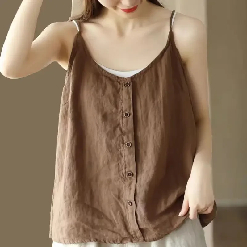 Womens Cotton And Linen Camisole Vest Button Top Summer