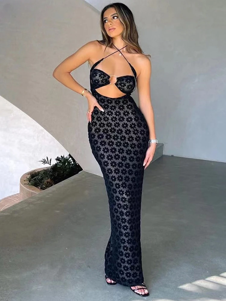 

2024 New Solid Color Hanging Neck Maxi Dress Sexy Hollow Women Perspective Bag Hips Robe Female Street Trendy Dresses Clothing