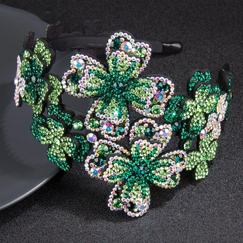 

Czech Rhinestone Green Flower Big Headband Korean Luxury Wide Edge Toothed Anti-slip Colorful Crystal Headband Hair Accessories
