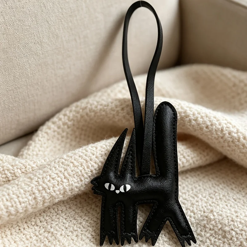 Long‑Eared Black Cat PU Leather Charm, Irregular Bag & Keychain Pendant Ornament