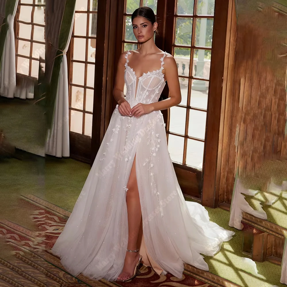 Vestidos De novia elegantes De corte a para mujer, Vestidos De novia con estampado De flores De encaje y cuello corazón, Vestidos De novia De princesa personalizados