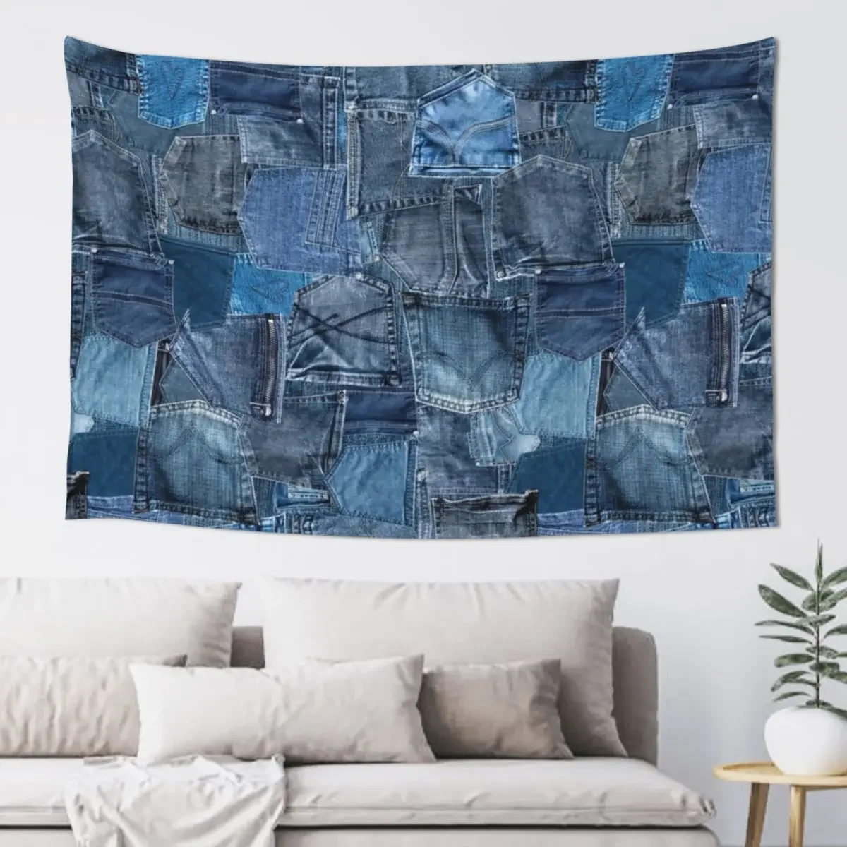 Blue Denim Jeans Pocket Patchwork Tapestry Aesthetic Room Decorations Mushroom Anime Decor Tapestry