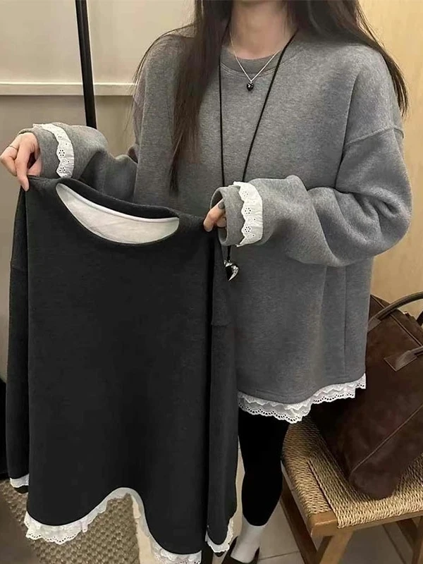 Coreano japonês marca renda guarnição splice feminino meados de comprimento camiseta bunda cobrindo preguiçoso sle suor solto ajuste longo sve