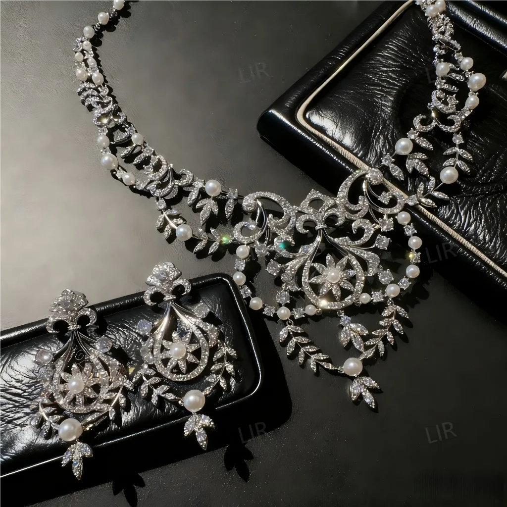 مجموعة مجوهرات LIR المخصصة للنساء: قلادة جوهرة تاج المحكمة النمساوية، أقراط لؤلؤ الزركون منحوتة بشكل سباركلي على شكل أذن القمح
