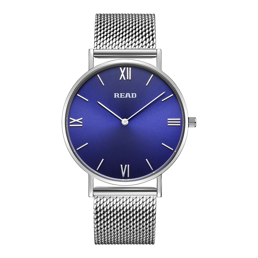 READ Minimalist Quartz Watch | Silver Steel Mesh Strap | Blue Roman Numeral Dial | High Hardness Glass | 3ATM Waterproof