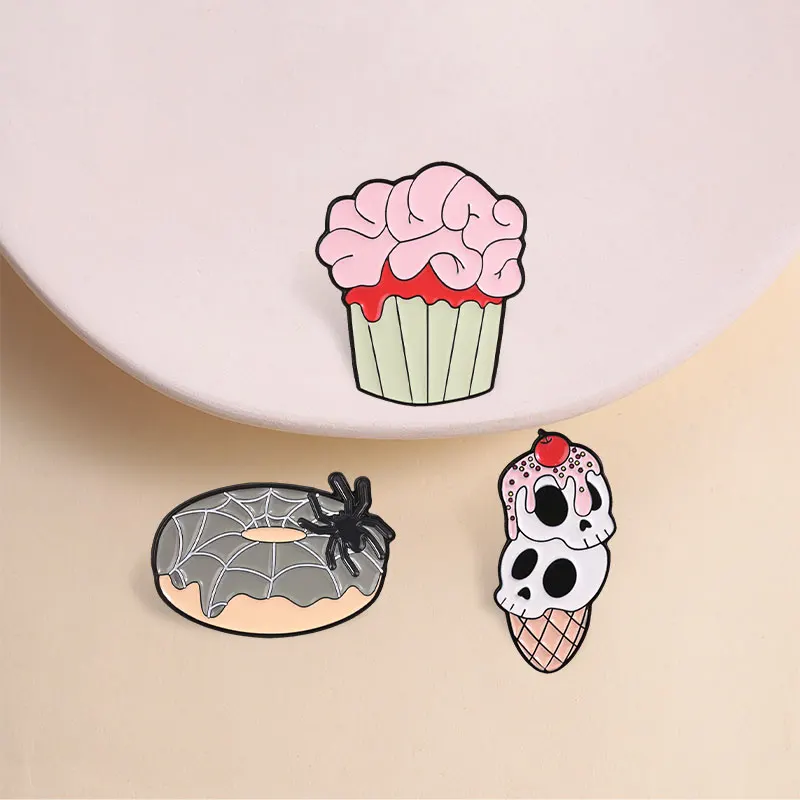 Delicious Food Series Enamel Badge Skull Ice Cream Cupcake Donut Taiyaki Street Food Pin Jesus Tomato Sauce Brooch Jewelry Gifts