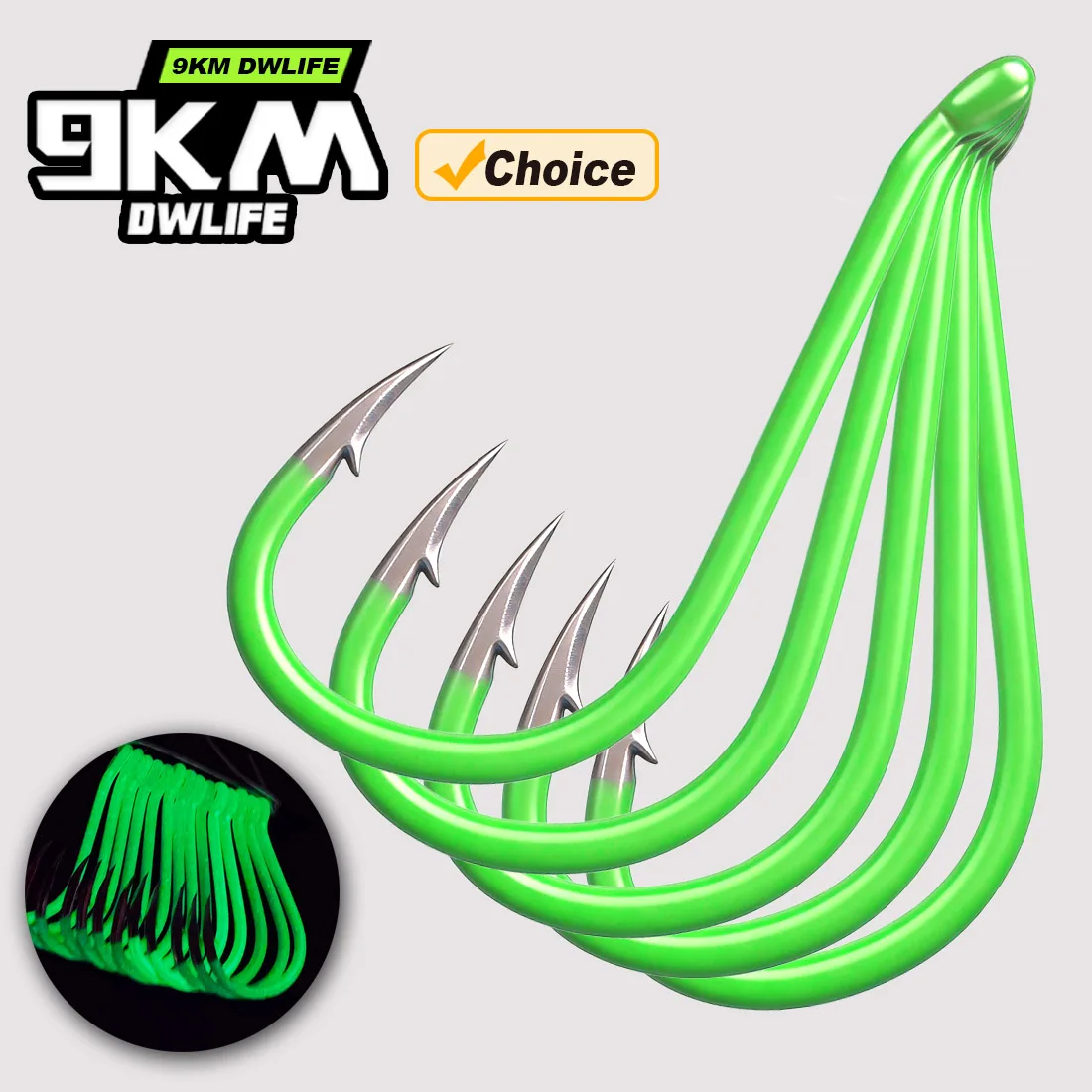 Anzol Octopus 9KM 25-100 peças, Anzol de Pesca Luminoso Verde, Anzol Offset Reforçado para Isca Viva, para Água Salgada e Doce