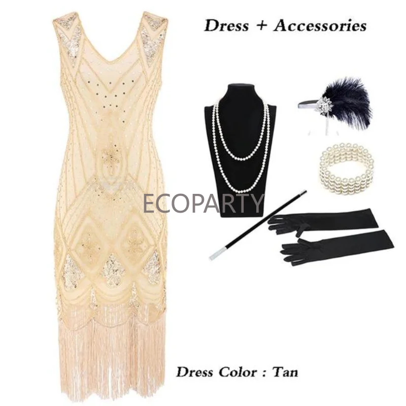 2023 Fashion Women\'s 1920s Flapper Dress Great Gatsby Party Evening Sequins Fringed Dresses Gown Dress with 20s Accessories Set