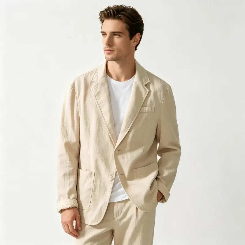Herren-Blazer aus lockerer 100% Baumwolle, einreihige, lässige Anzugjacke mit Revers, atmungsaktiver, einfarbiger Mantel für den täglichen Gebrauch, für die Straße und den Urlaub. – Detail 5