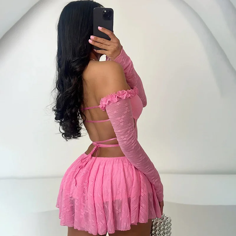 Mini abito aderente sexy con spalle scoperte Abito da donna a maniche lunghe con scollo a barchetta Scava fuori Abiti da festa per night club senza schienale con lacci Y2K