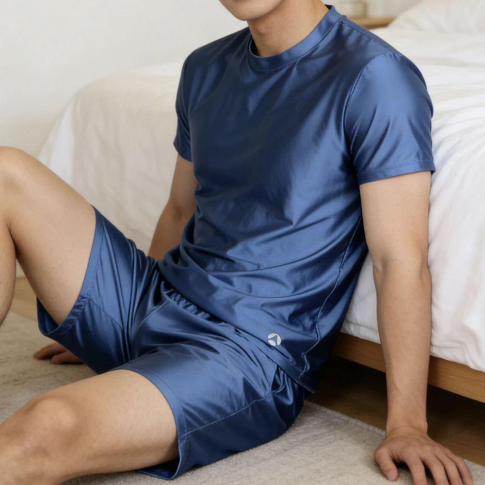 AMORESY Men Smooth Oil Ice Silk Breathable Stretch Casual Pajamas Homewear Running Fitness Loungewear Soft Loose Spandex Shorts