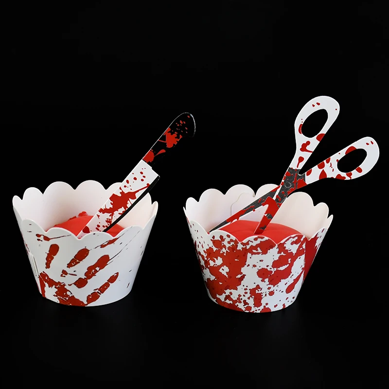 12pcs Wrappers Horror Bloodstain Cake Knife Scissors Halloween Cupcake Toppers Cake Food Decor Halloween Party Supply Decoration