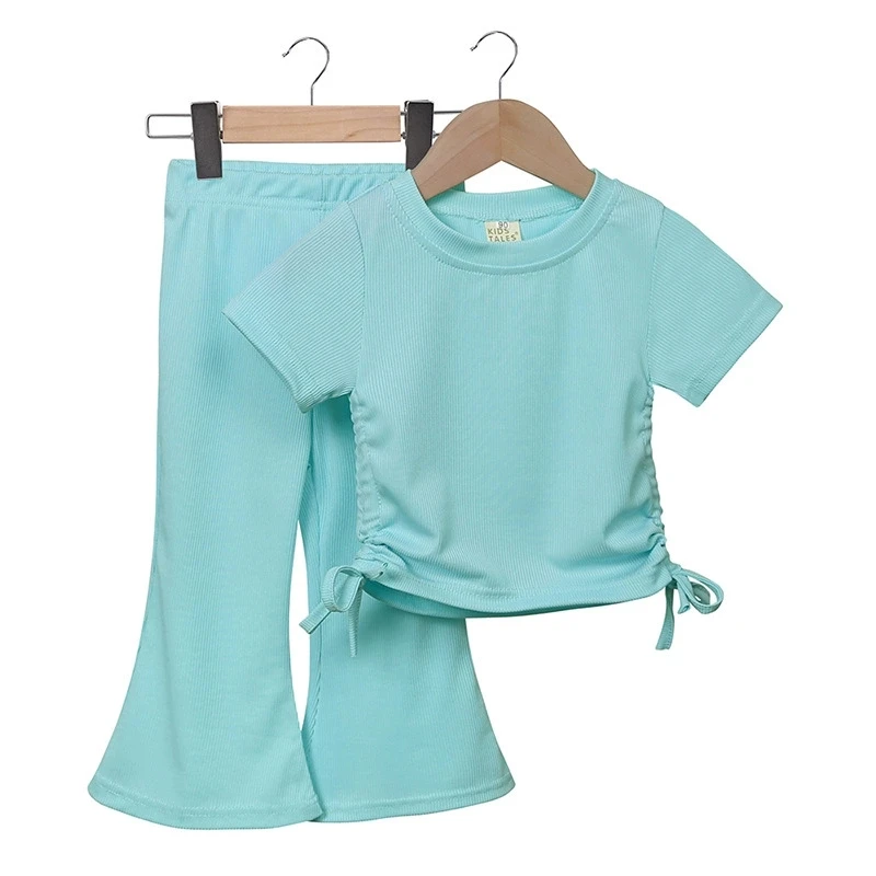 2 3 4 5 6 7 8 Years Girls Clothing Sets Fashion Waist Up Tops + Flared Pants Solid Color Girls Suits Birthday Gift Kids Clothes